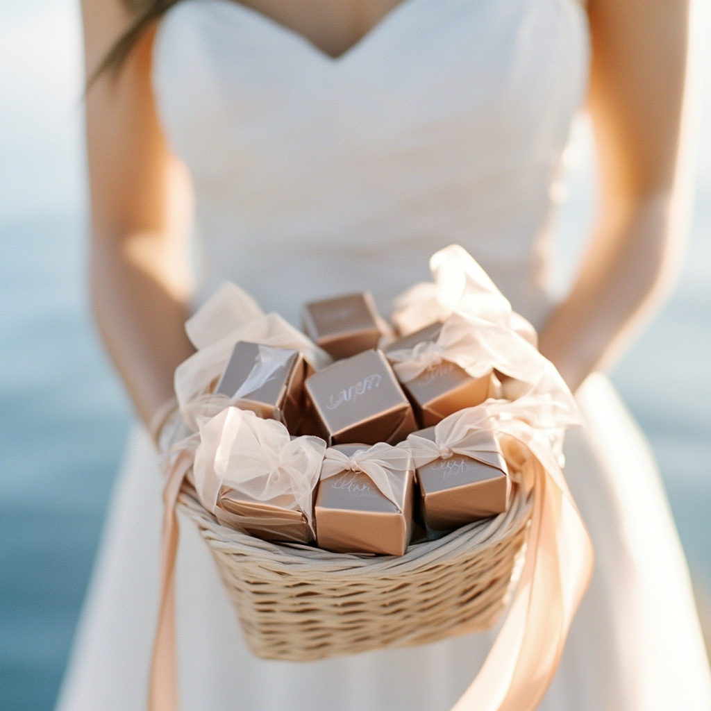 A bride holding a basket filled with compact, elegantly wrapped chocolate wedding favors.