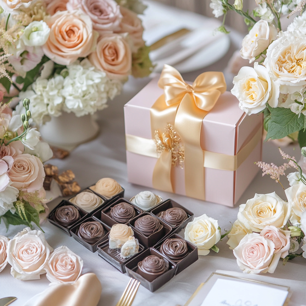 A stunning wedding table setup with personalized chocolate wedding favors elegantly displayed.