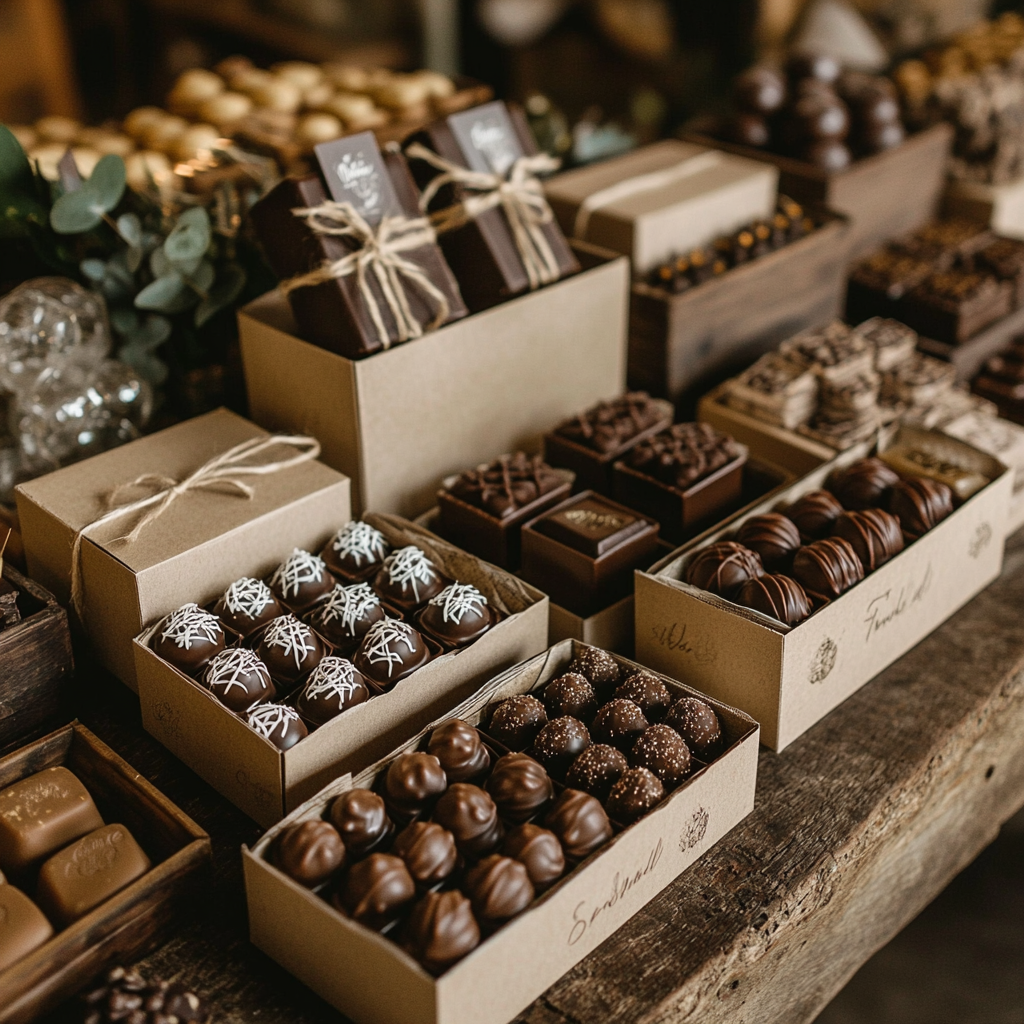 A variety of personalized chocolate wedding favors neatly arranged in small kraft paper boxes tied with twine.