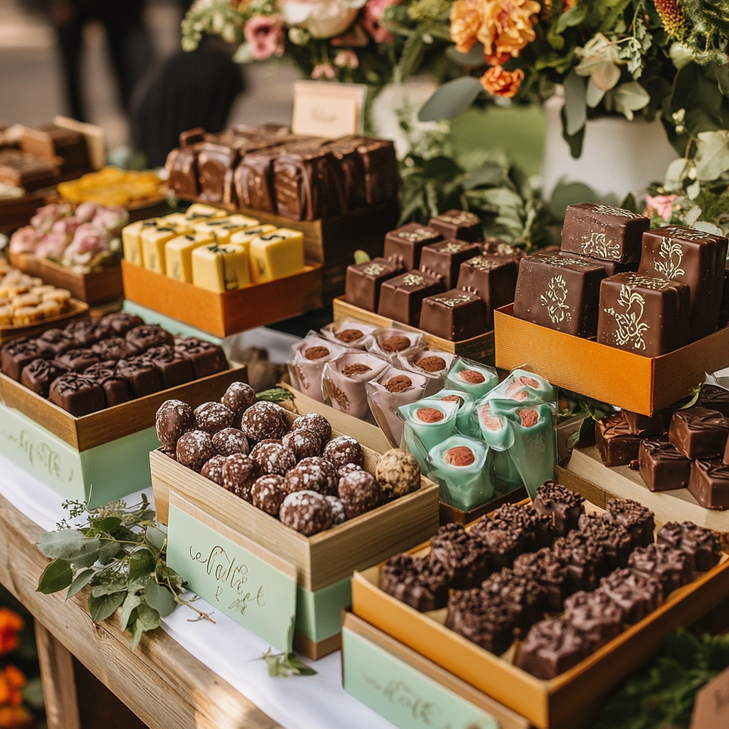 An assortment of inclusive chocolate wedding favors, featuring vegan, gluten-free, and nut-free options.