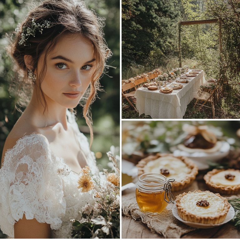 A boho-chic bride and a table full of rustic edible wedding favors