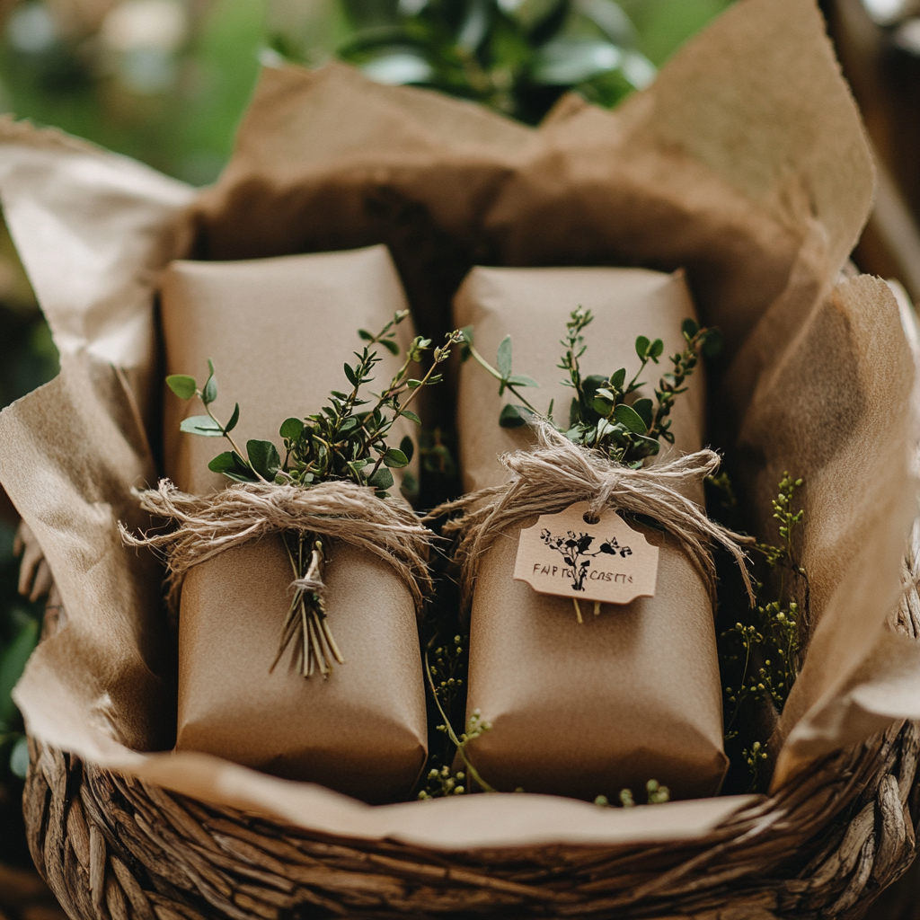Eco-friendly wedding chocolate favors in biodegradable packaging