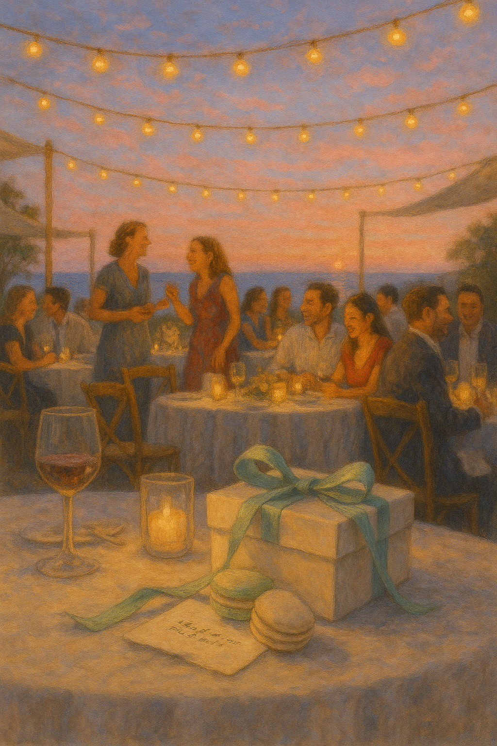 Wedding reception tables with favor boxes under string lights