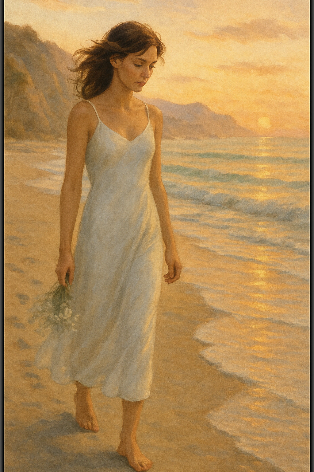 Sloane walks barefoot along Carbon Beach at sunrise