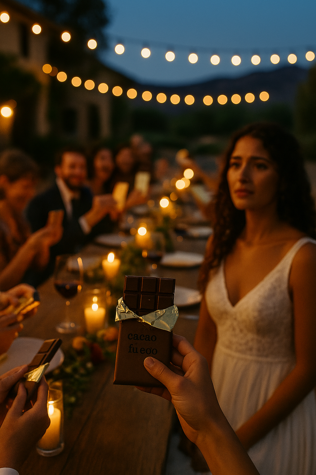 Twilight vineyard dinner; guests open gold-foiled chocolate favors; mood shifts from tense to joyful