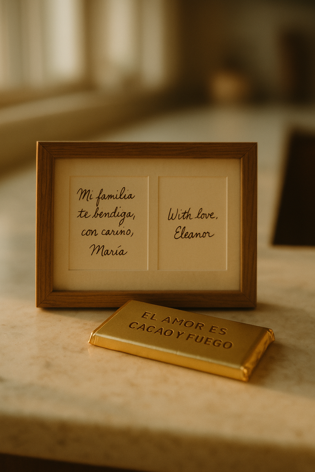 Morning light on a kitchen shelf; framed notes beside a gold-foiled chocolate bar stamped in Spanish