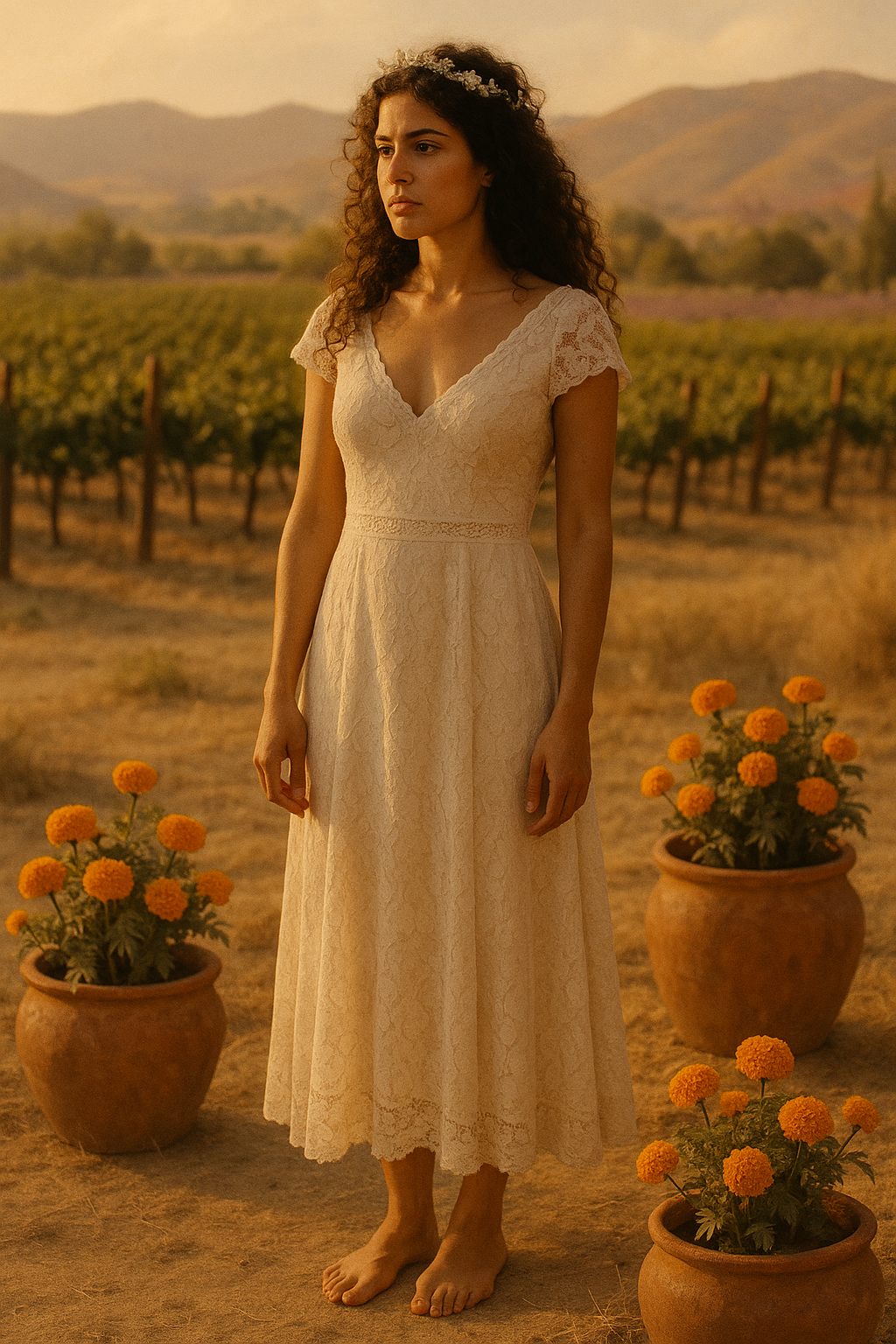 Rustic Temecula vineyard with desert hills; bride barefoot among clay pots and marigolds
