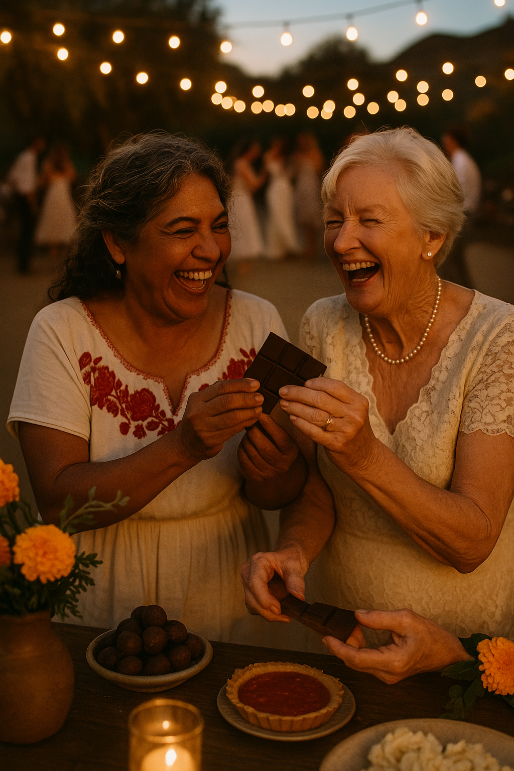 Two grandmothers laughing together at the dessert table, breaking chocolate squares; guests dance under lights