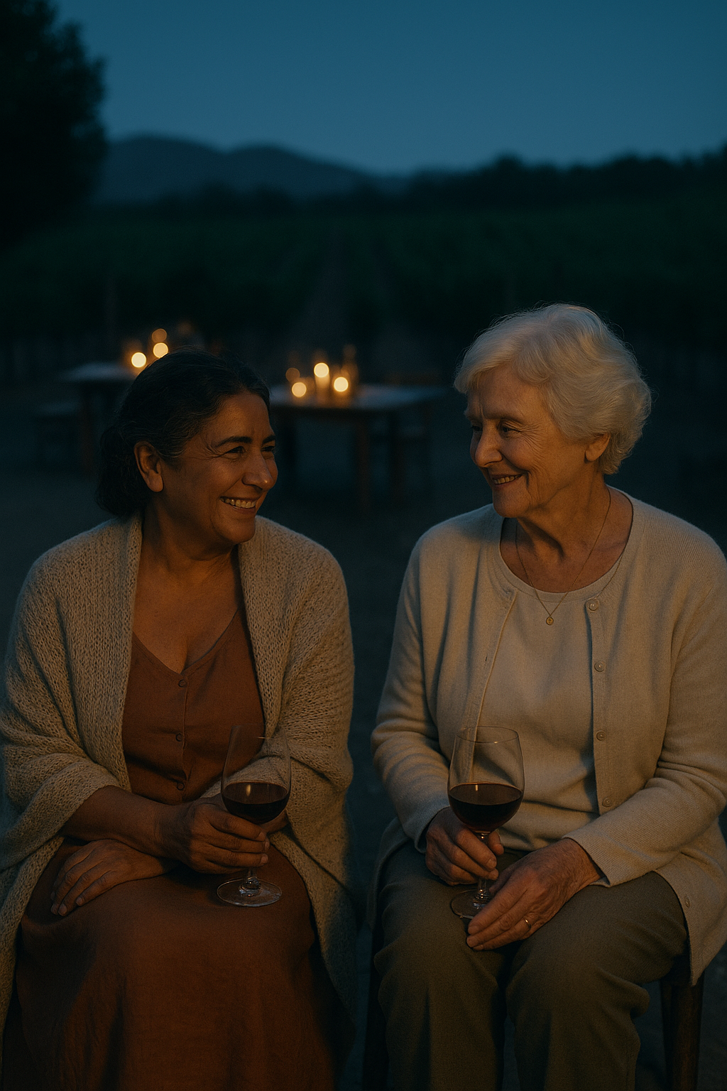 Moonlit vineyard; the two grandmothers seated together sharing wine; tables glowing in the distance