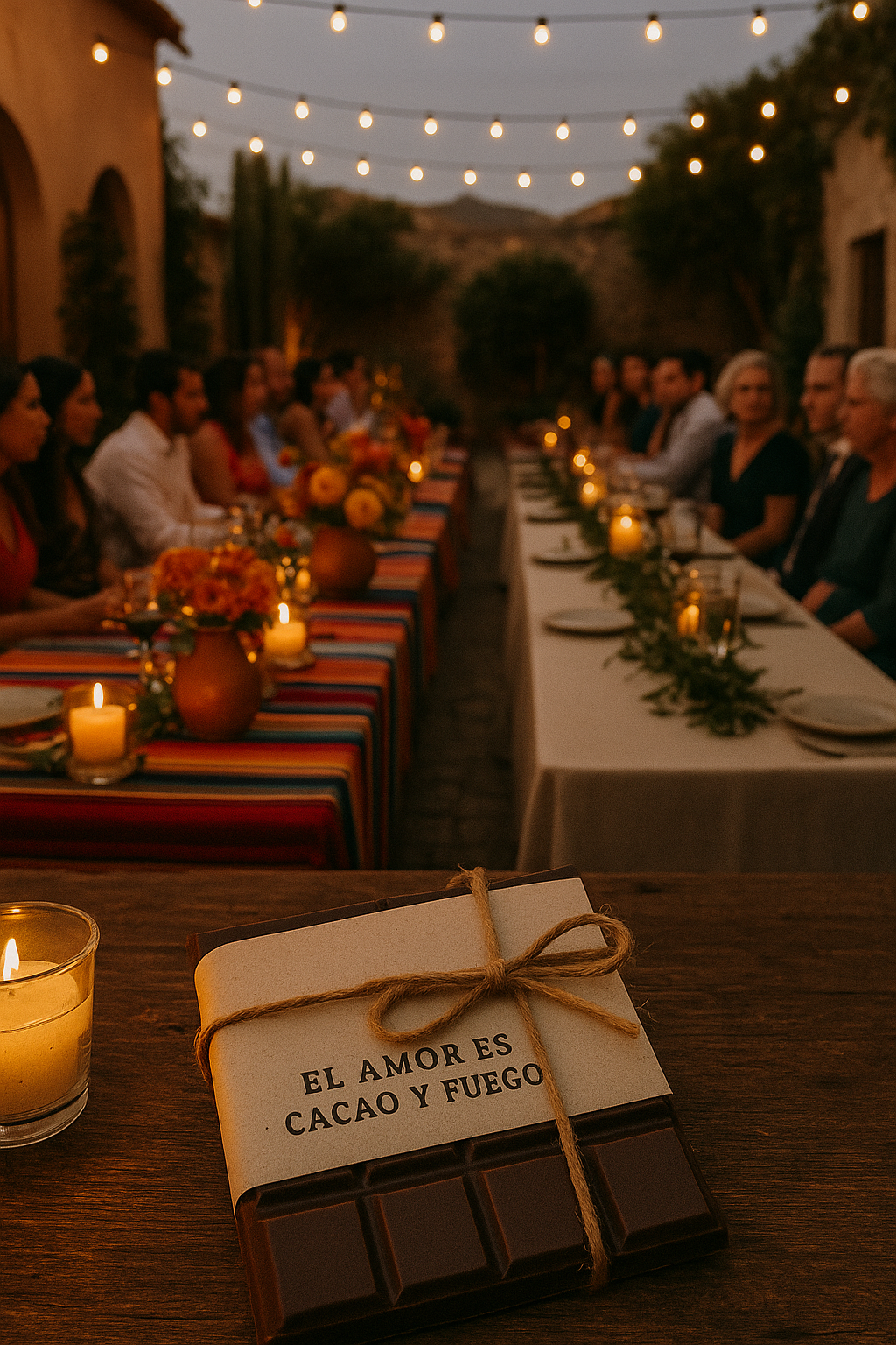 Candlelit rehearsal dinner courtyard; two families seated apart; twine-tied box with gold-stamped chocolate bar