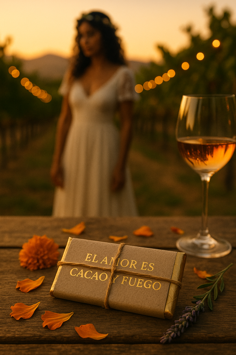 Boho Mexican-American bride in a Temecula vineyard at golden hour with a custom chocolate bar