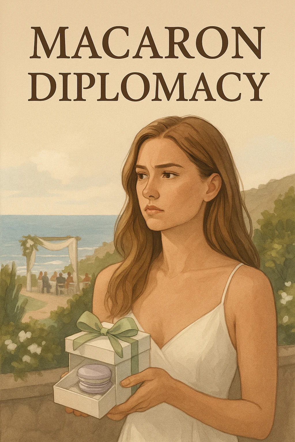 Illustrated cover for Macaron Diplomacy: a bride holding a ribboned macaron favor box with a seaside wedding setting behind her