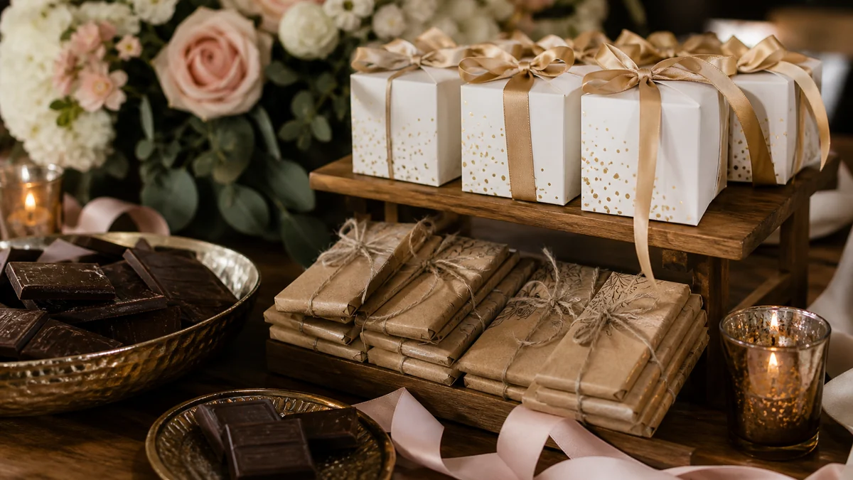 Chocolate wedding favor boxes and wrapped bars on a display tray