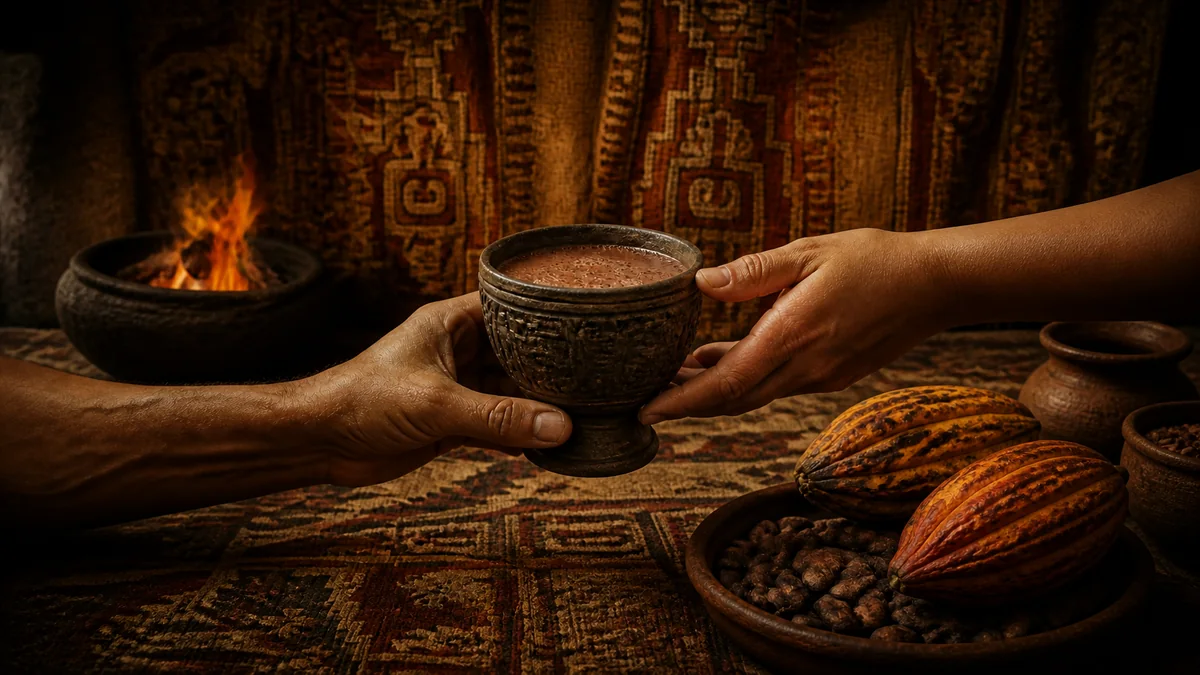 Ceremonial cup of chocolate shared between a couple, Maya wedding tradition