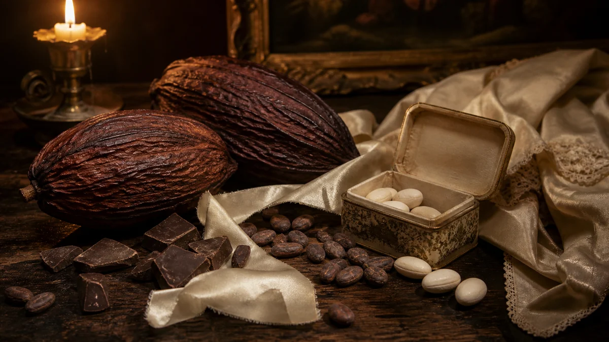 Antique-style still life of cacao pods, chocolate, and a wedding ribbon in warm light