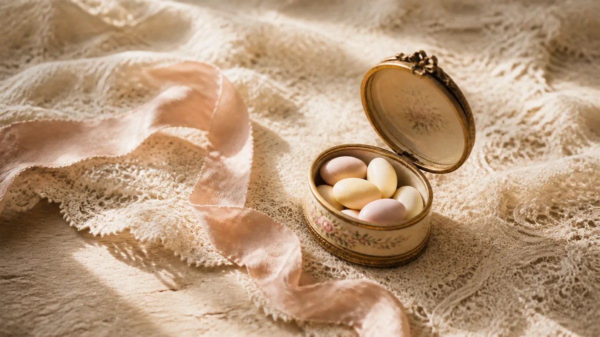Vintage bonbonnière box of sugared almonds tied with ribbon