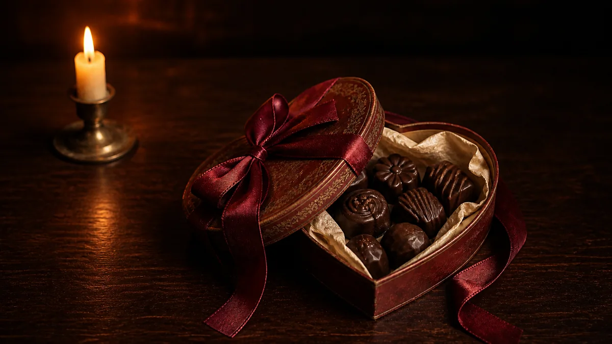 Vintage heart-shaped chocolate box with ribbon, Victorian styling