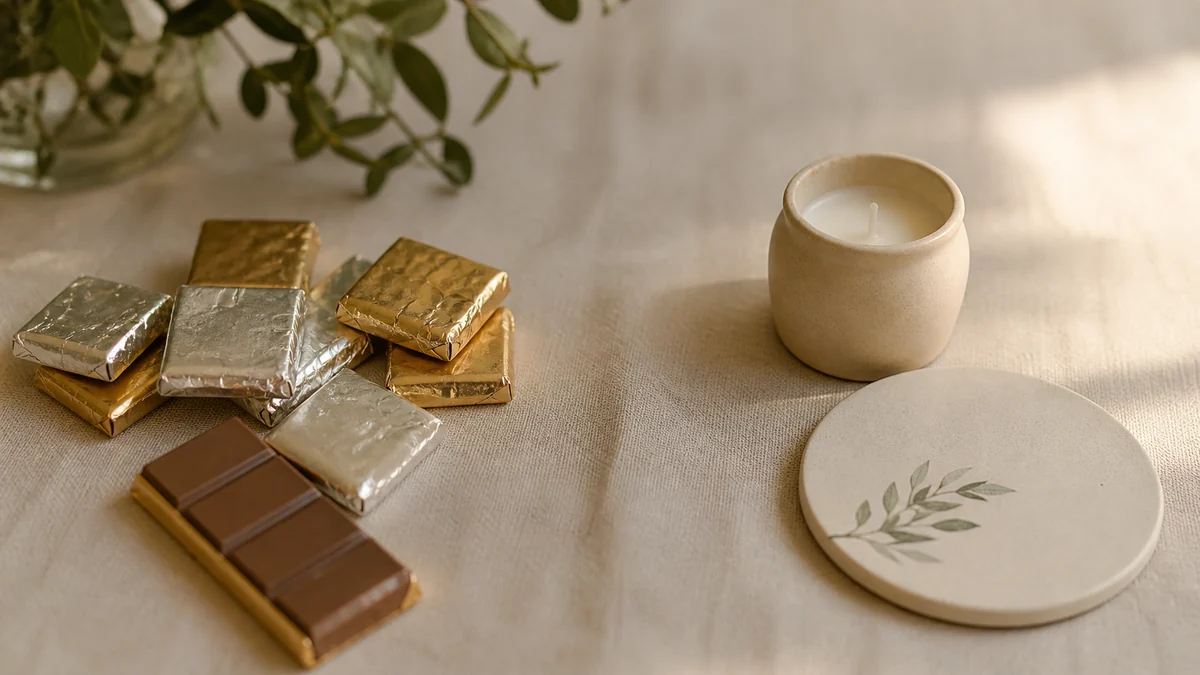 Small chocolate wedding favors and keepsake favors like candles and coasters arranged for comparison