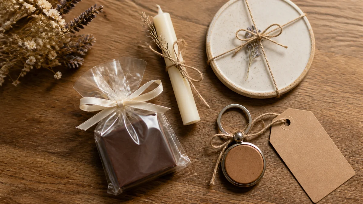 Chocolate wedding favor arranged beside a candle, coaster, and keychain keepsake favor