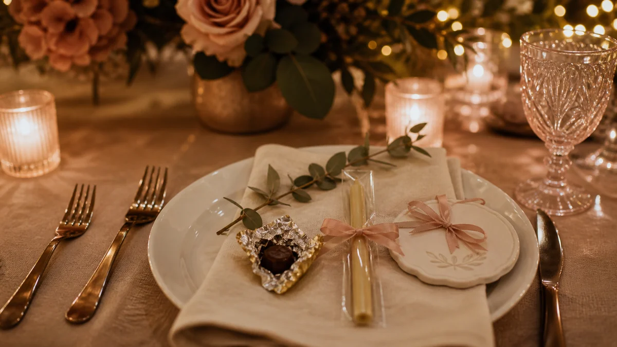 Wrapped chocolate wedding favor next to a candle and a personalized coaster on a reception table