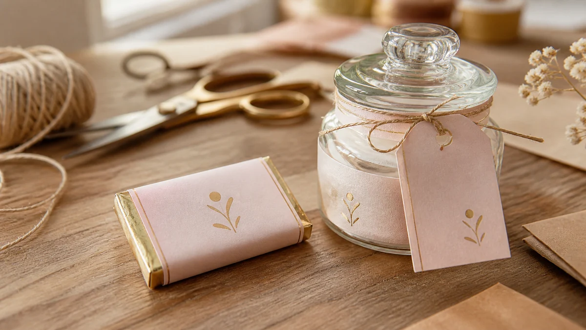 Custom-wrapped chocolate bar wedding favor beside a small personalized keepsake jar