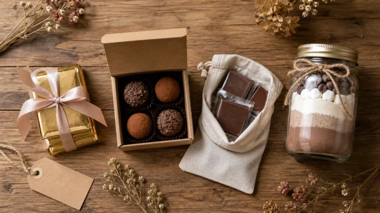 Mini chocolate bars, truffle box, and wrapped squares side by side