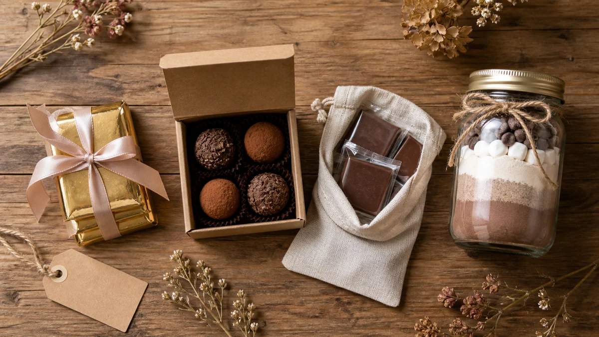 Mini chocolate bars, truffle box, and wrapped squares side by side