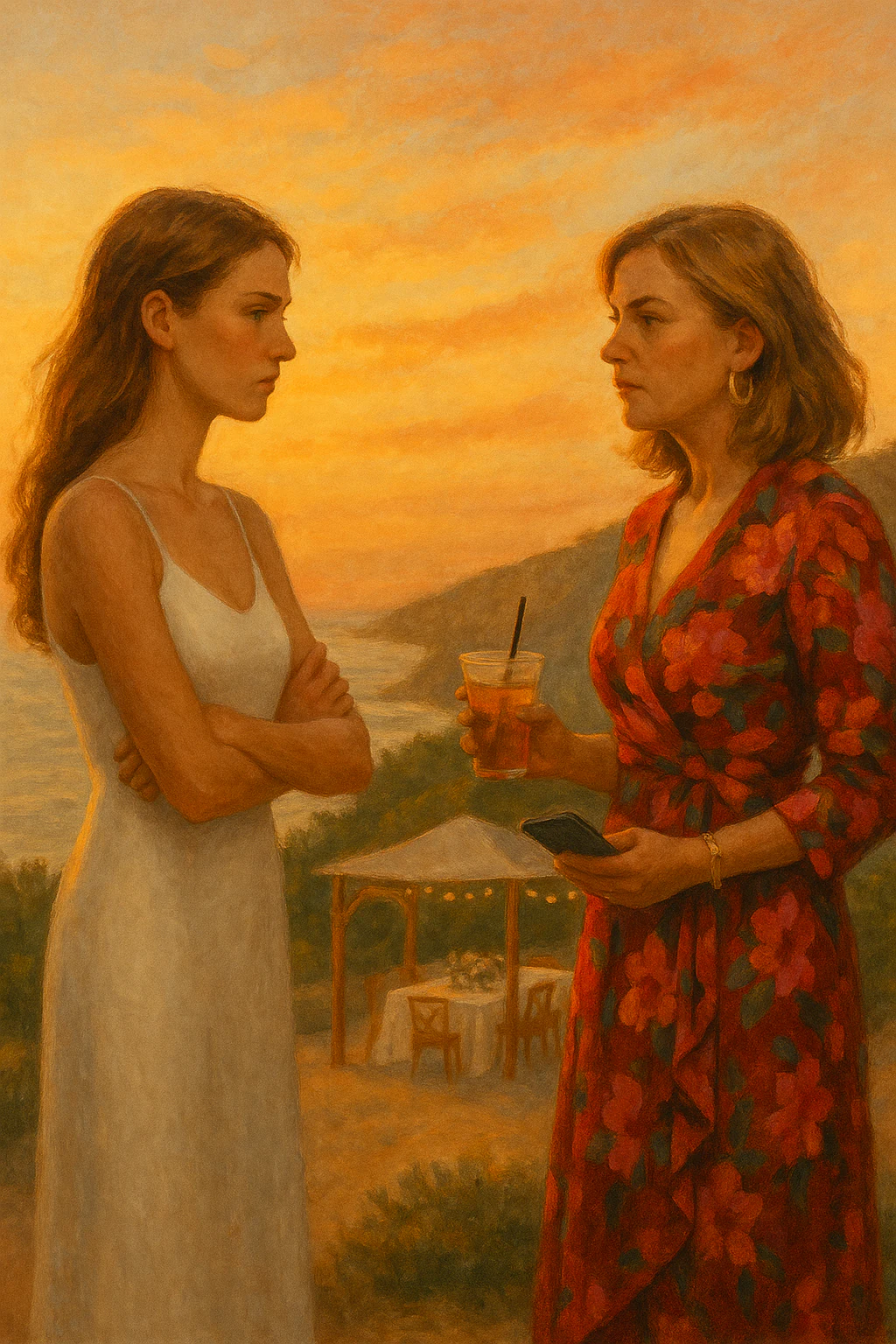 Bride and future mother-in-law debating over a dessert table
