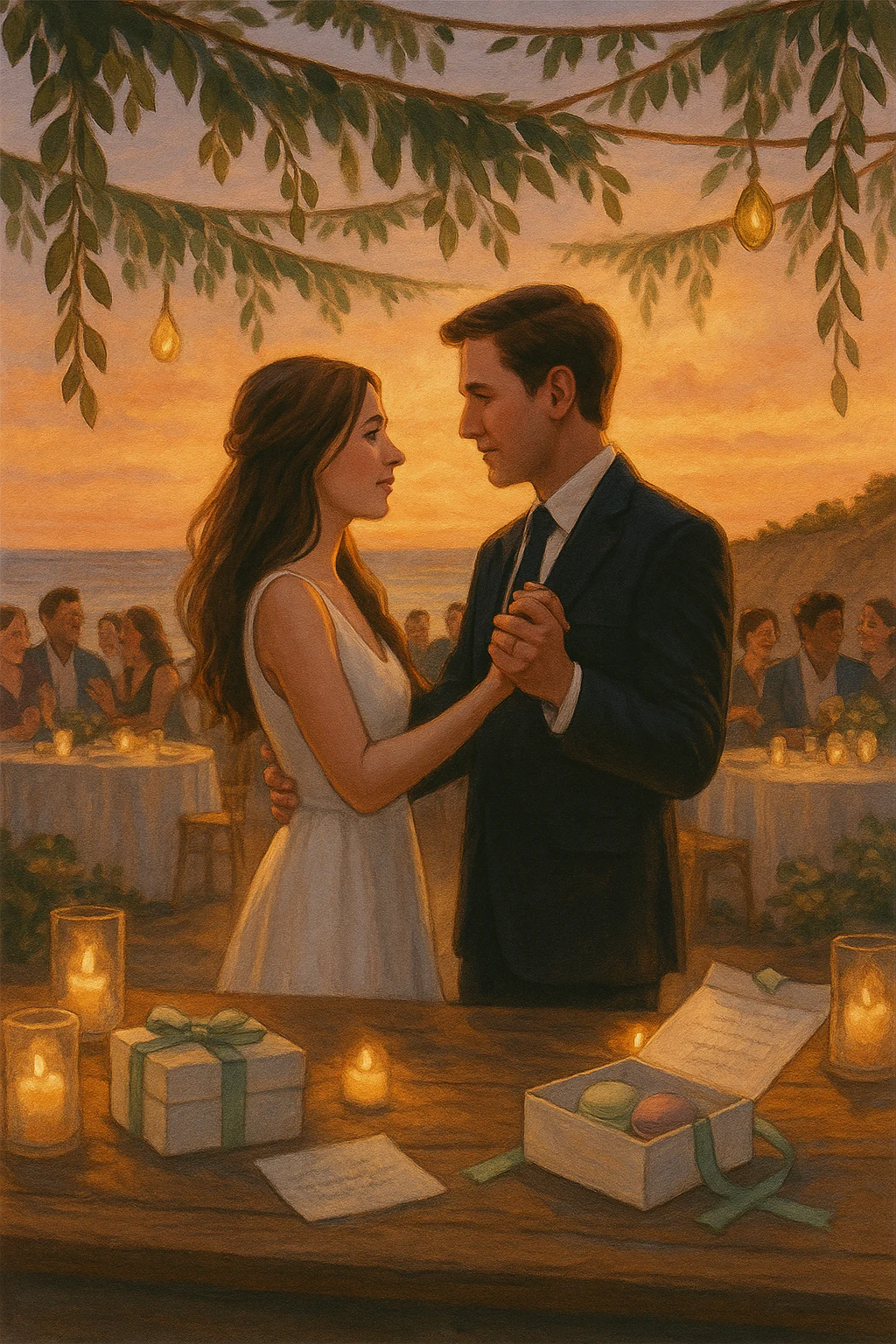 Bride and groom sitting together on the grass after the wedding, string lights fading behind them