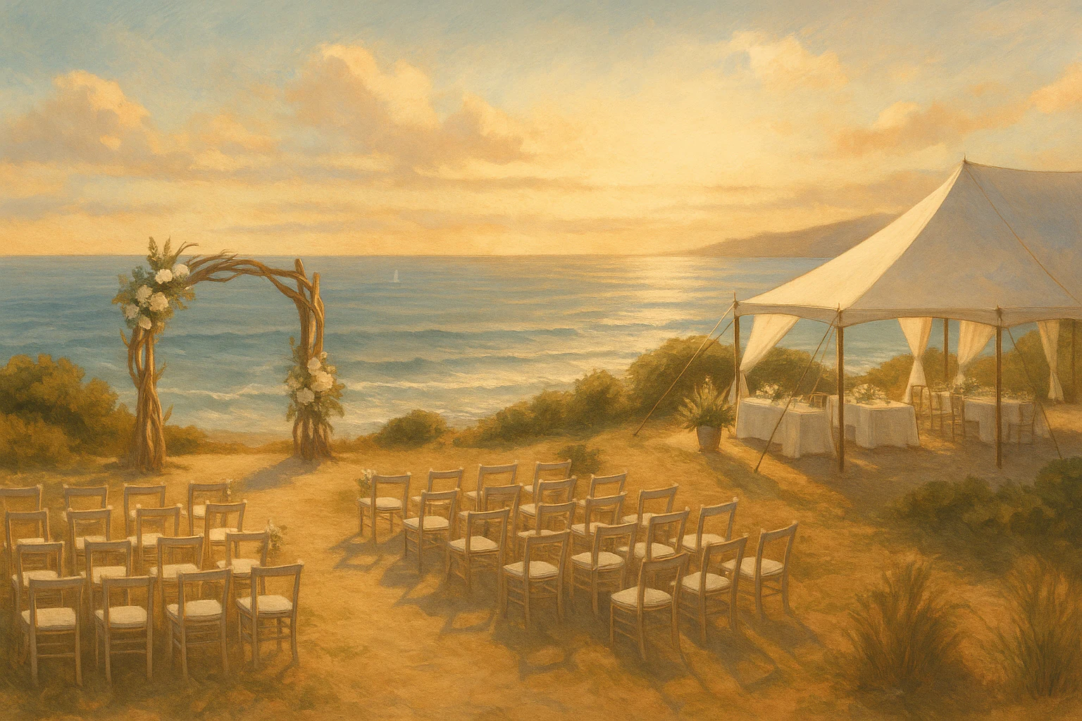Malibu clifftop rehearsal dinner at sunset with string lights
