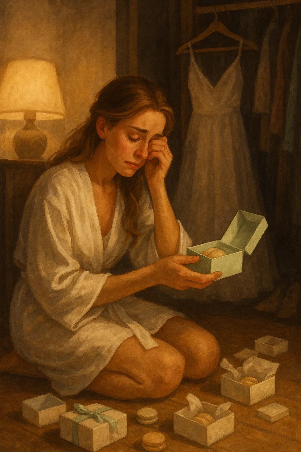 Bride sitting alone in a closet the night before her wedding