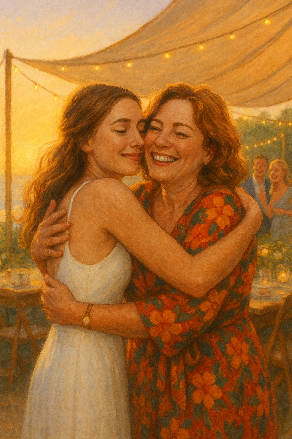 Bride and mother-in-law sharing a hug under twinkling lights