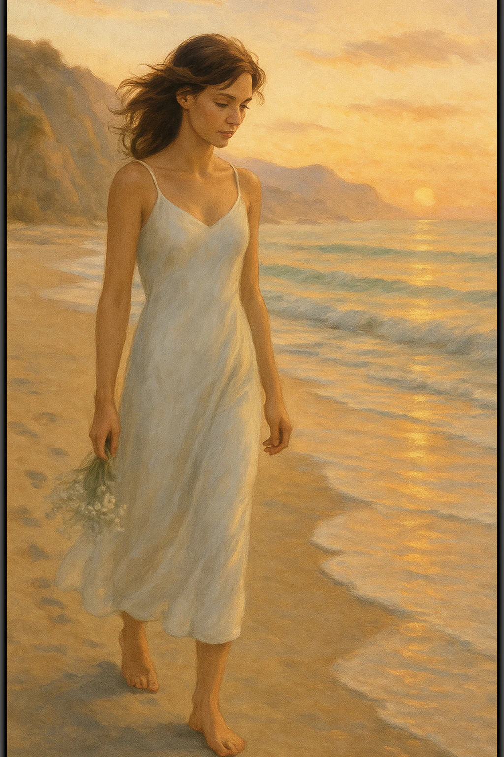 Bride walking barefoot along the beach at sunrise