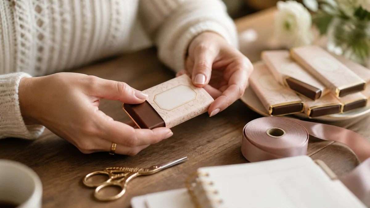 Hands wrapping a personalized label around a mini chocolate bar