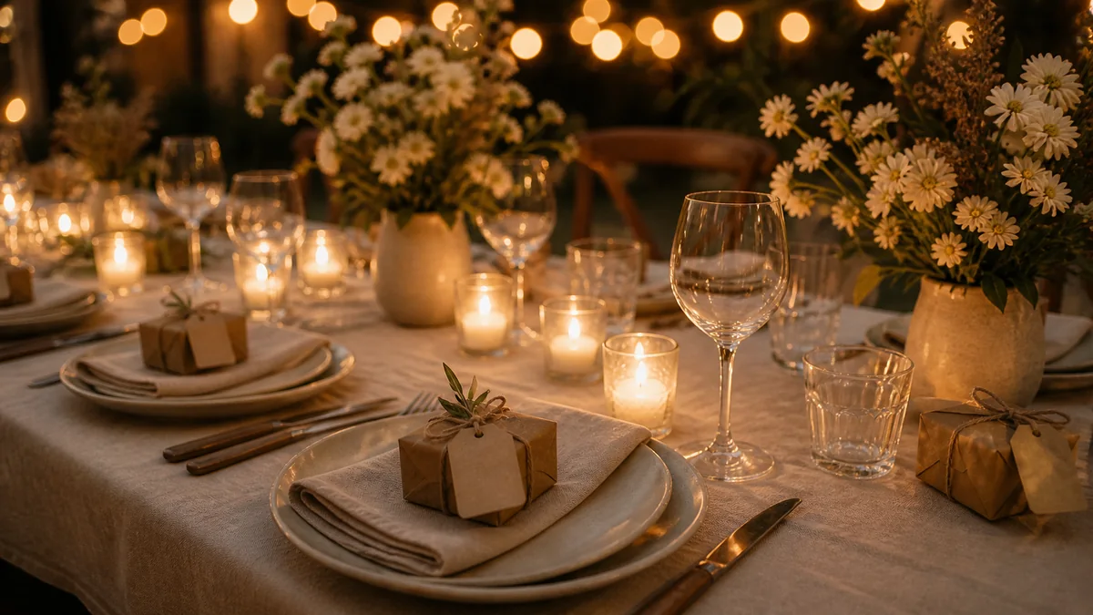 Small wrapped chocolate favors tied with twine on a wedding reception table, soft evening light