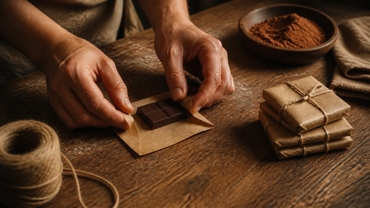 Hands folding dark chocolate squares into plain paper on a wooden work table, warm kitchen light