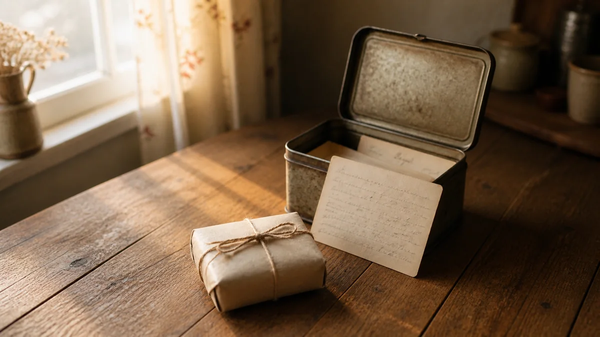 Small wrapped chocolate wedding favor resting beside an open vintage tin with a handwritten recipe card, warm kitchen light