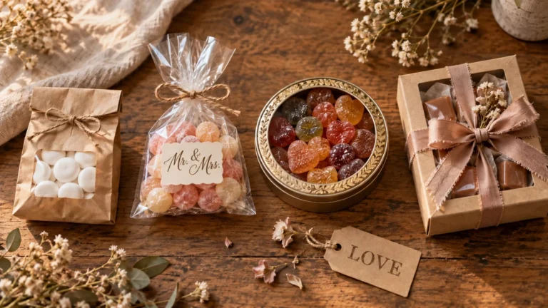 Candy wedding favors at four budget levels arranged side by side, from a simple bag to an elegant box