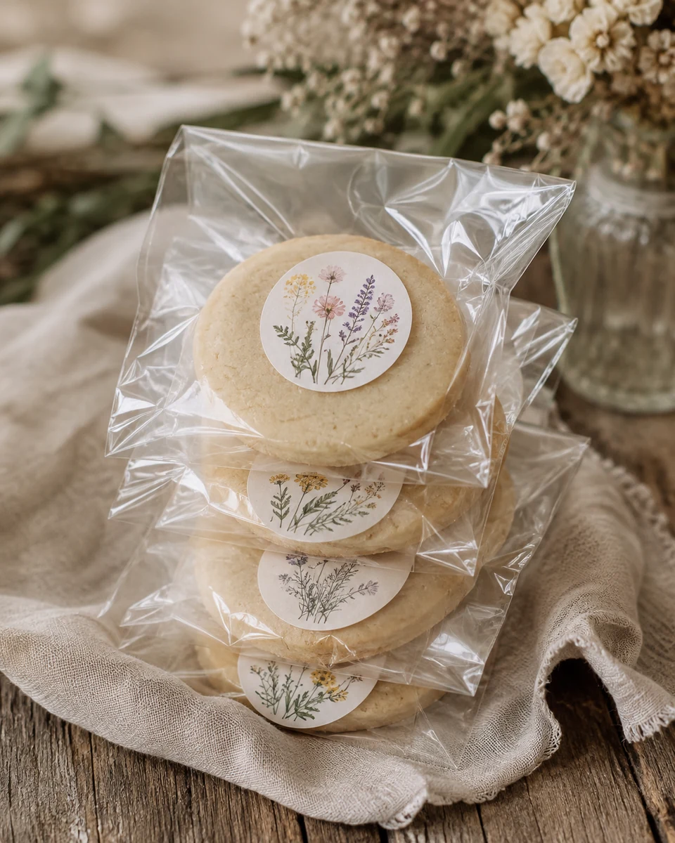 Wedding cookies in clear cellophane bags sealed with boho botanical stickers
