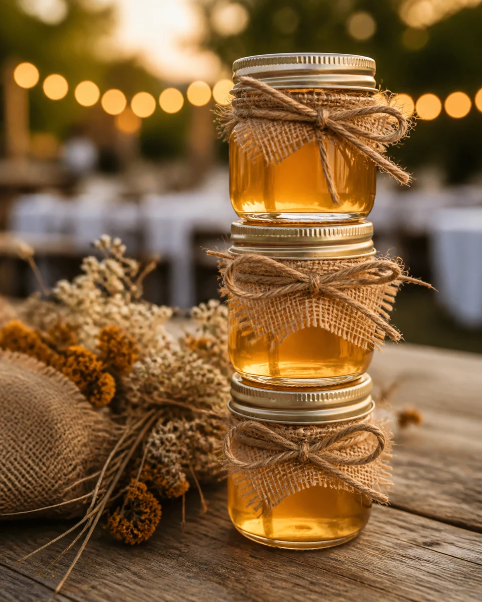 Mini mason jars of local honey tied with burlap and twine on a rustic table