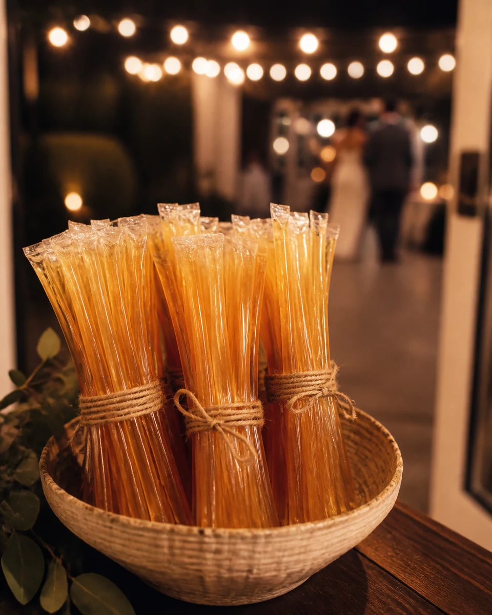 Wildflower honey sticks bundled together with hemp string