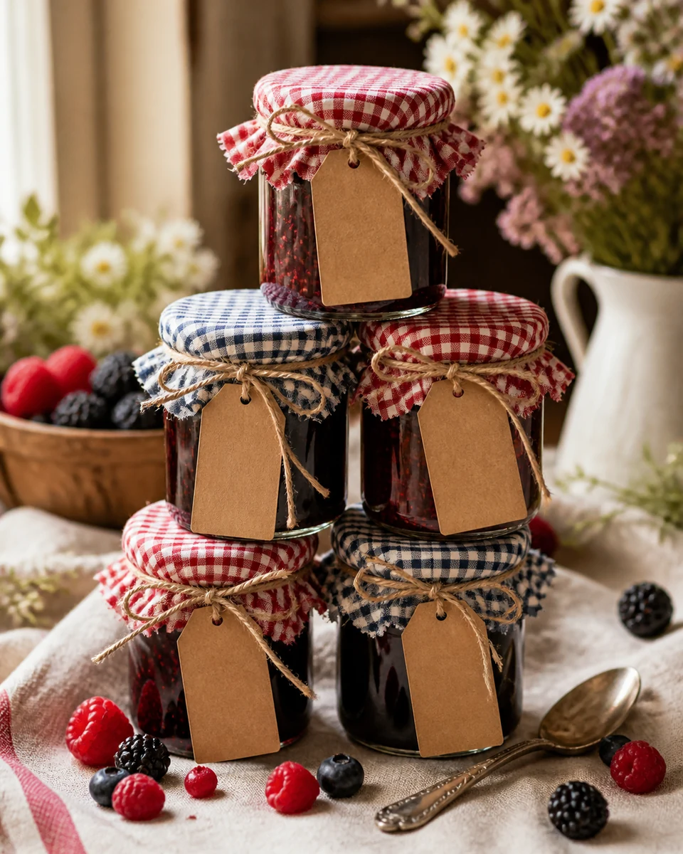 Mini jam jars with hand-lettered labels and fabric toppers