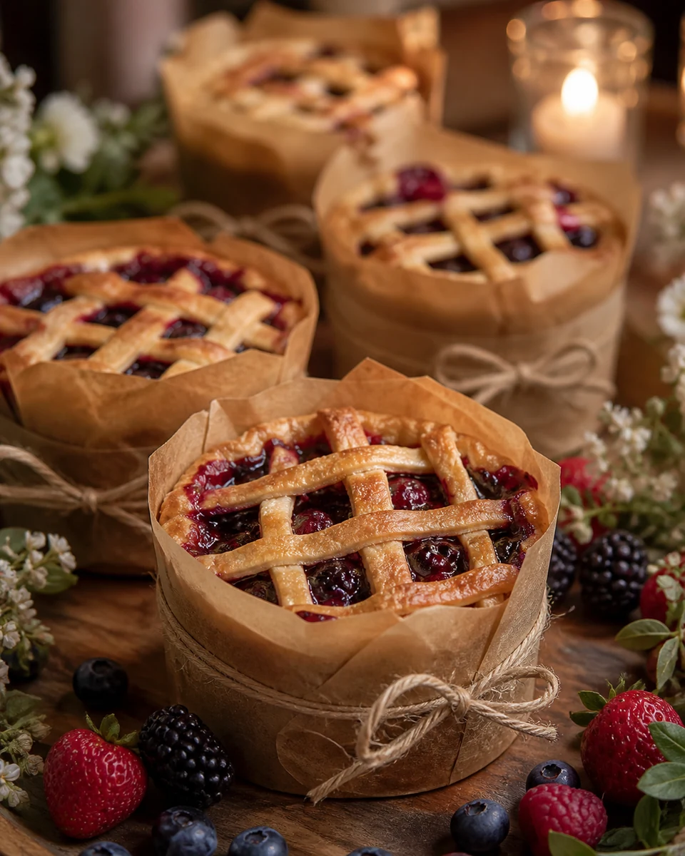 Mini fruit pies wrapped in kraft paper with a twine bow