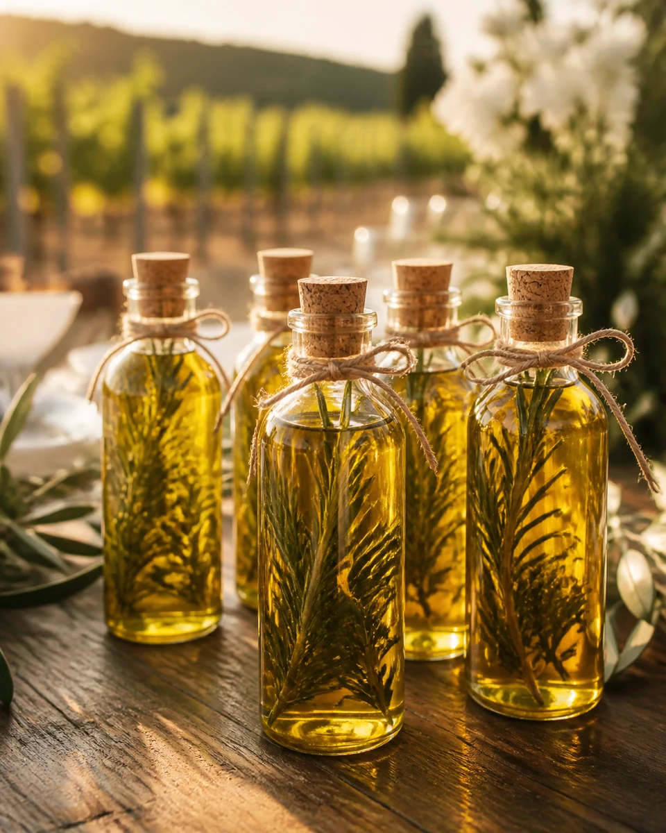 Mini glass bottles of herb-infused olive oil tied with twine