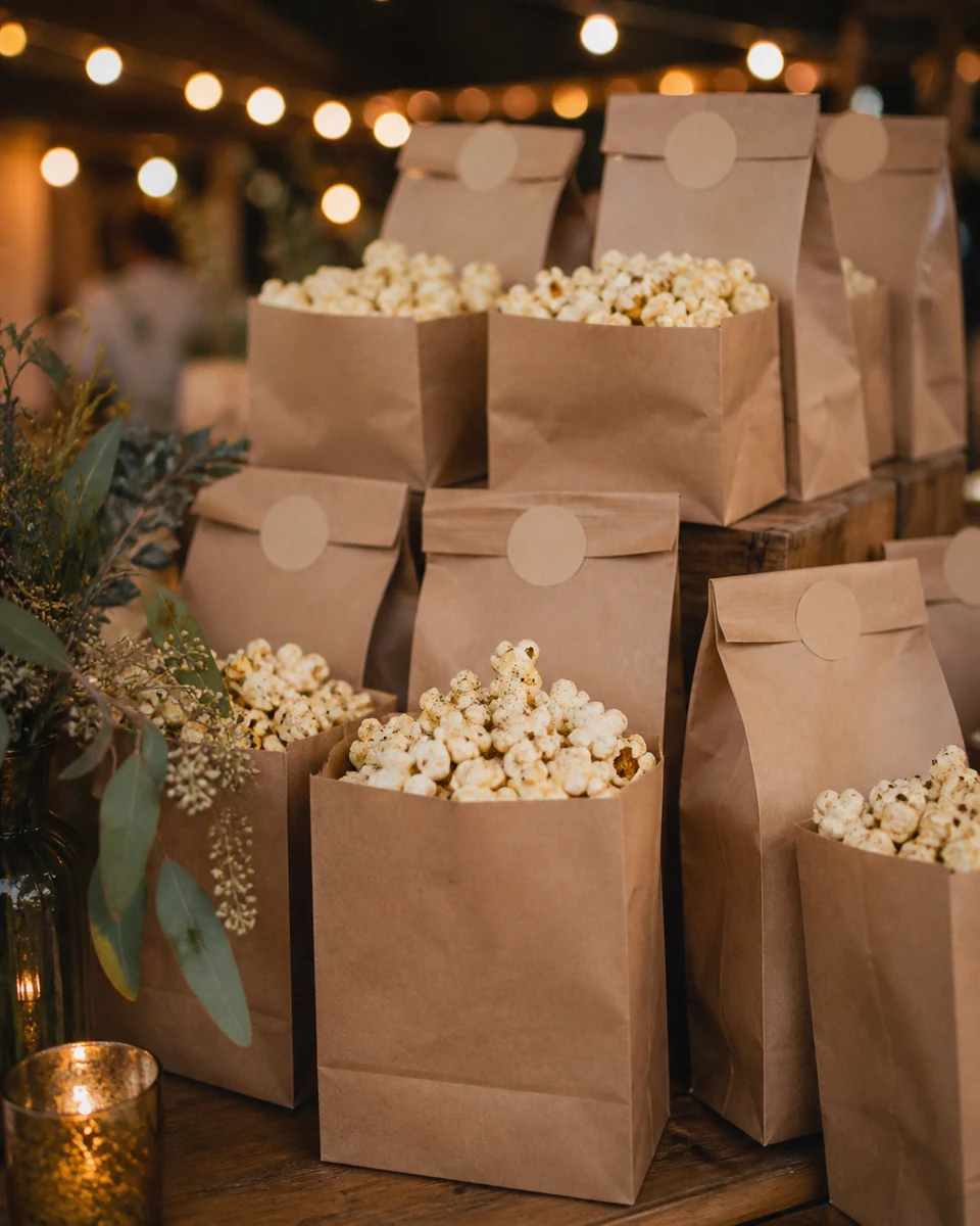 Stamped kraft bags filled with flavored popcorn on a wedding favor table