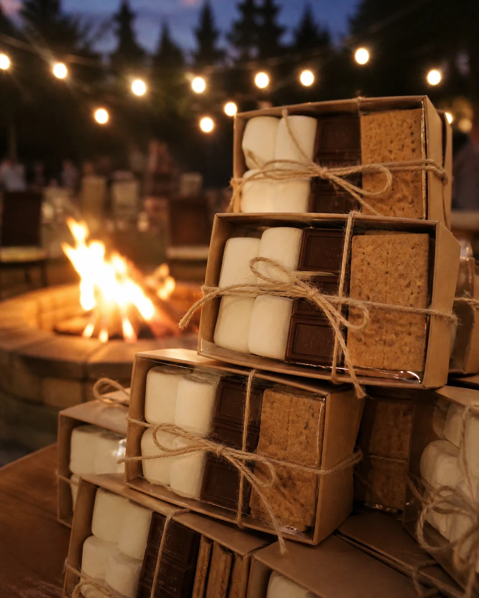 Kraft boxes packed with s'mores kit ingredients tied with twine
