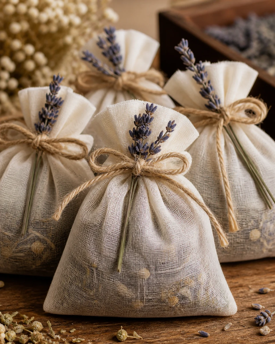Muslin tea sachets tied with twine and a sprig of dried lavender