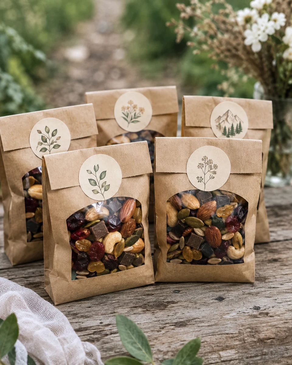 Small kraft bags of trail mix sealed with a custom sticker on a wooden table