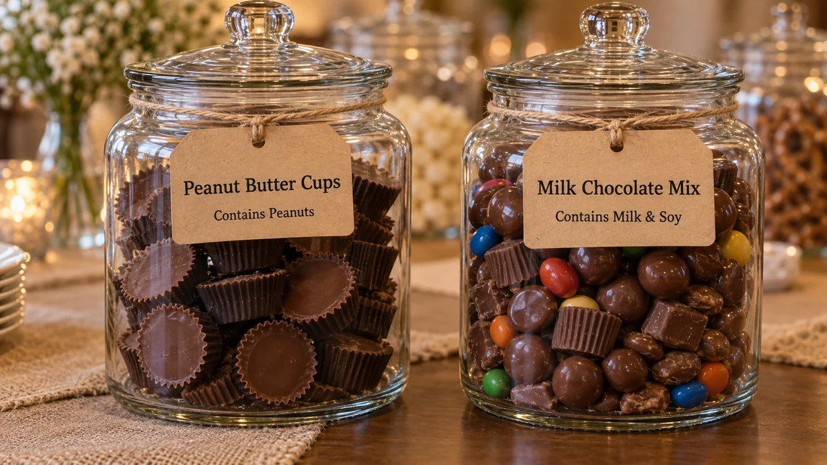 Candy buffet jars with small labels naming the candy and noting allergens like nuts