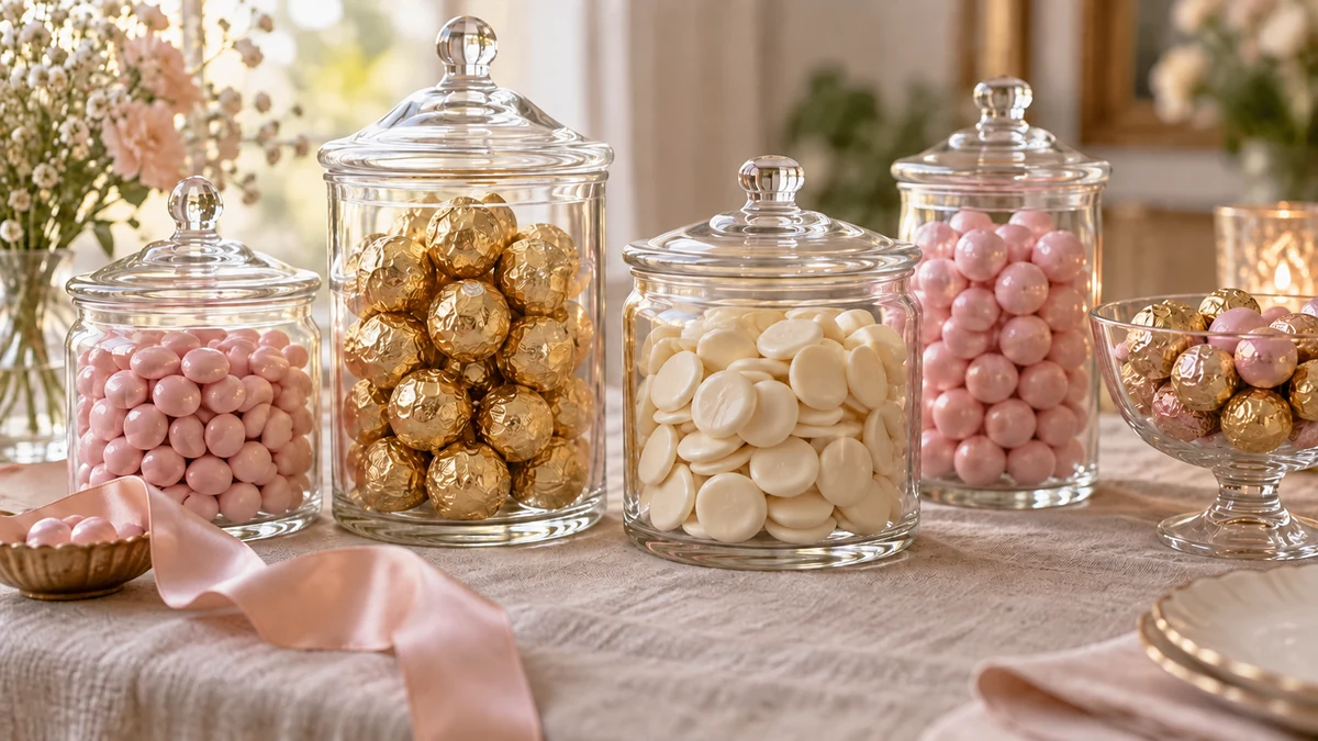 Glass jars of candy in a coordinated color palette matching a wedding's color scheme